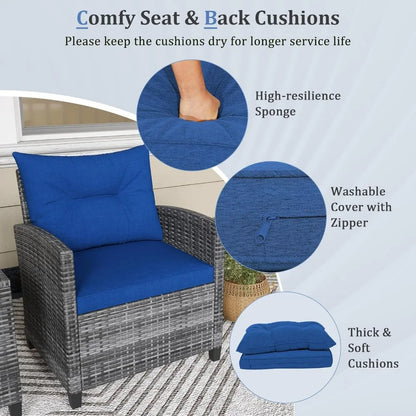 3-Piece PE Rattan Patio Set – Outdoor Conversation Chairs with Washable Cushions & Tempered Glass Tabletop
