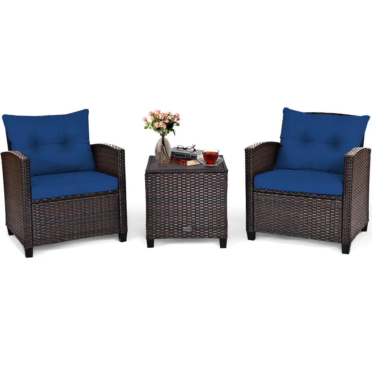 3-Piece Patio Furniture Set – PE Rattan Wicker Sofa Set with Washable Cushions & Tempered Glass Table