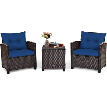 3-Piece Patio Furniture Set – PE Rattan Wicker Sofa Set with Washable Cushions & Tempered Glass Table