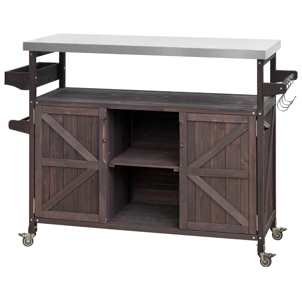 Portable Bar Tables- Outdoor Grill Prep Table with Storage- Tabletop Spice Rack- Internal Storage Racks- 4 Locking Mobile Wheels