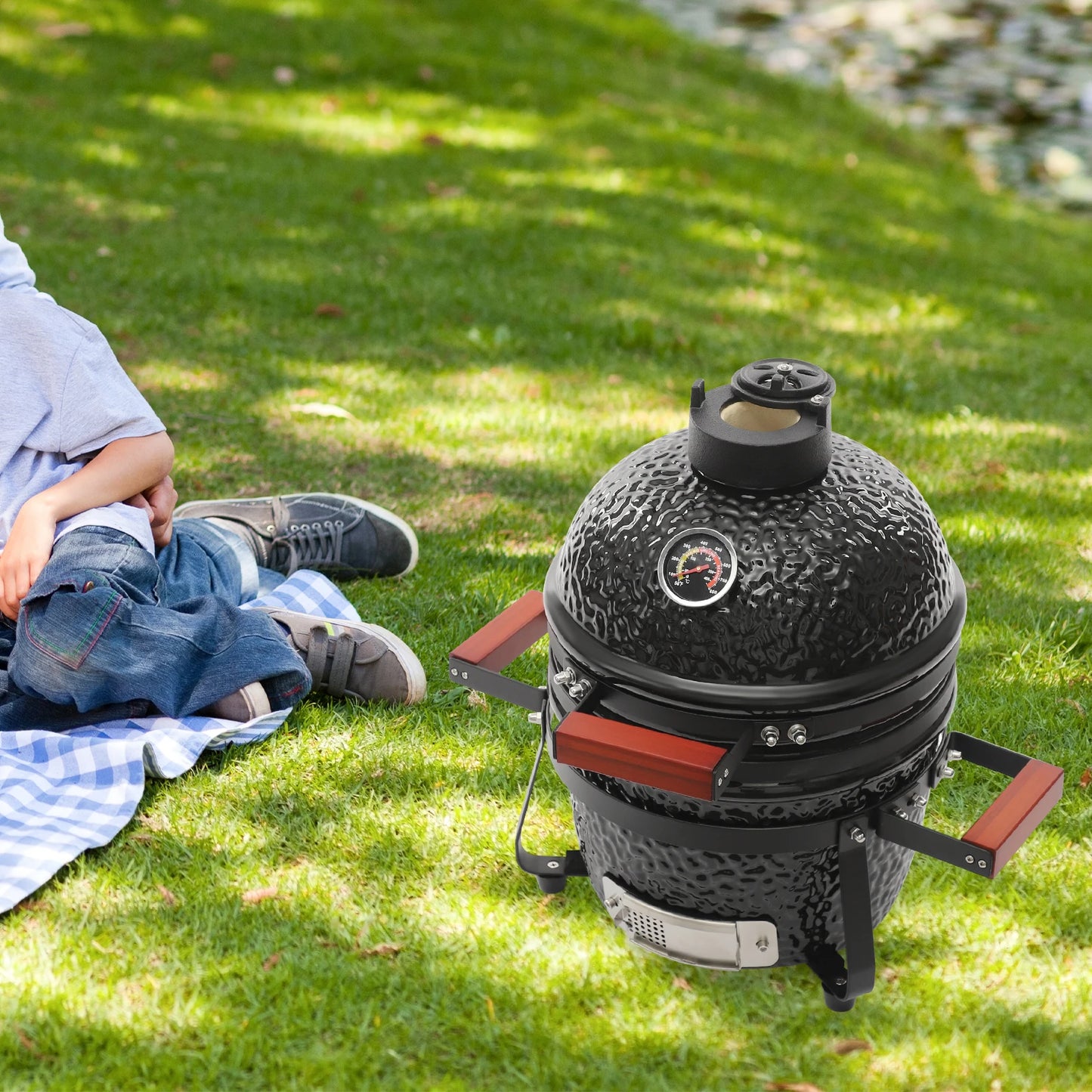 13" Ceramic Charcoal Grill & Smoker with Round Design for Outdoor Cooking