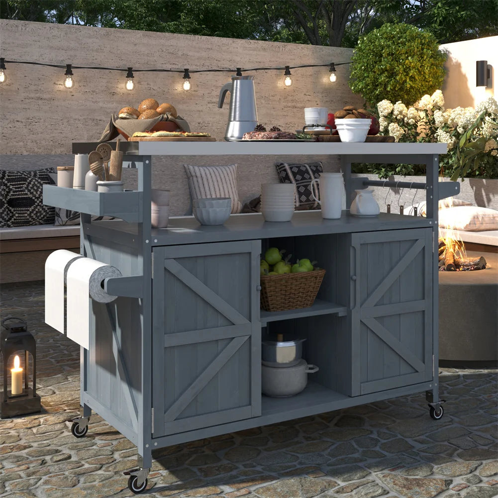 Portable Bar Tables- Outdoor Grill Prep Table with Storage- Tabletop Spice Rack- Internal Storage Racks- 4 Locking Mobile Wheels