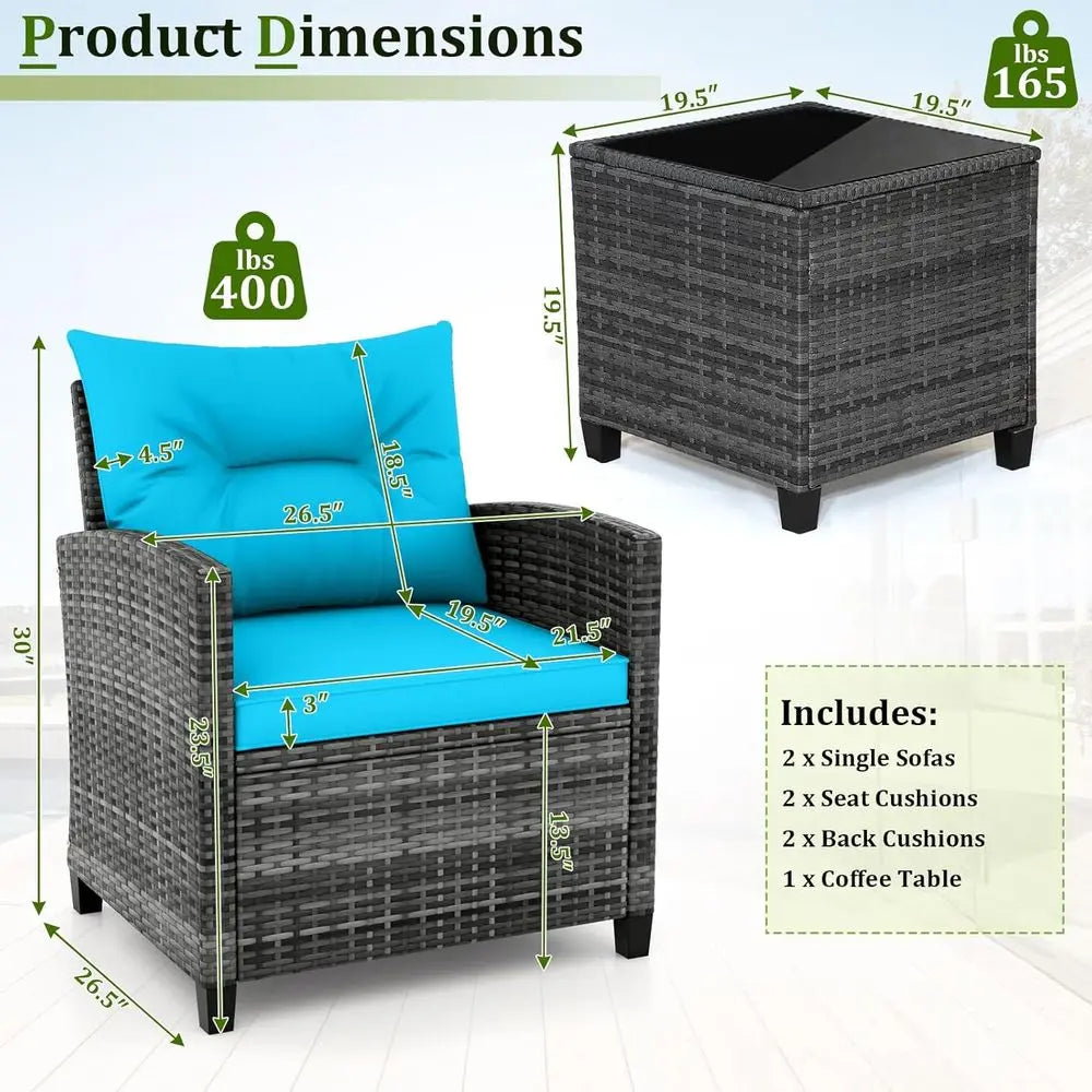 Outdoor Wicker Bistro Set – 2 Cushioned Chairs & Glass Table in Gray & Turquoise for Patio, Balcony & Poolside