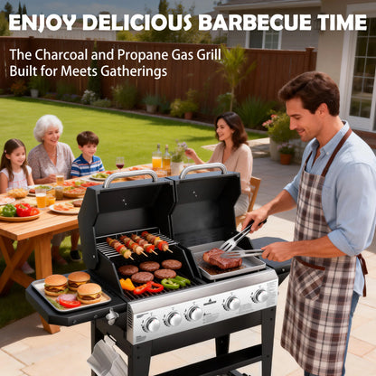 Gas Grill & Flat-Top Griddle Combo, 54,000 BTU Dual Cooking System, 5-Burner Grill Stove, Stainless Steel Panel for Outdoor Cooking.
