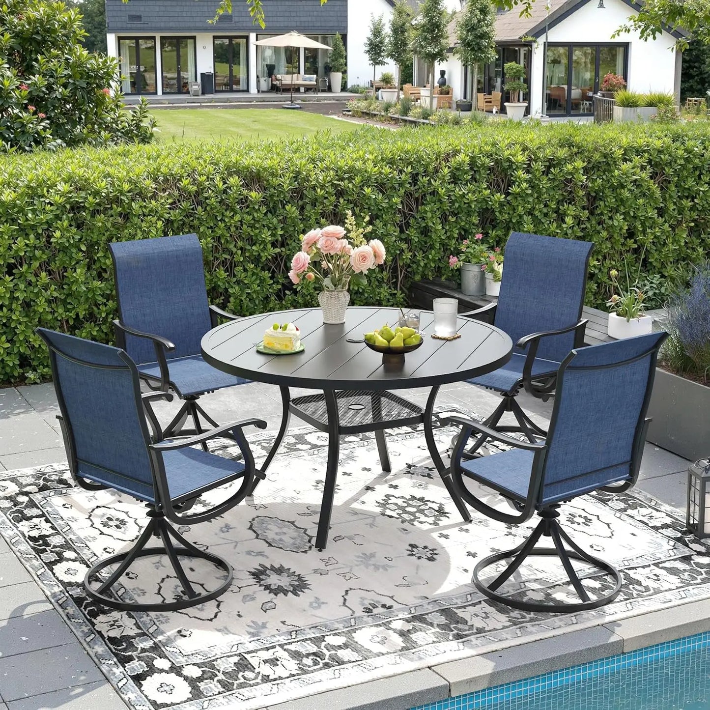 5-Piece Outdoor Dining Set with Textilene Swivel Chairs & 40.6" Round Metal Table