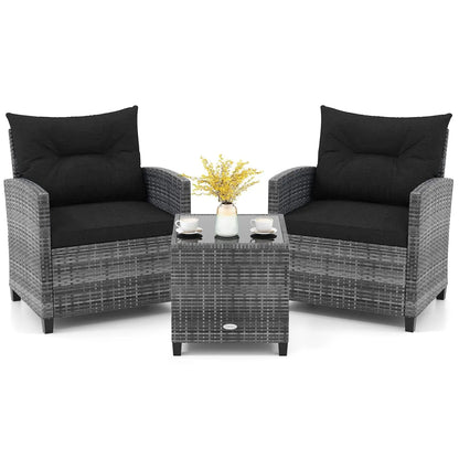 3-Piece Patio Rattan Conversation Set with Washable Cushions & Glass Table