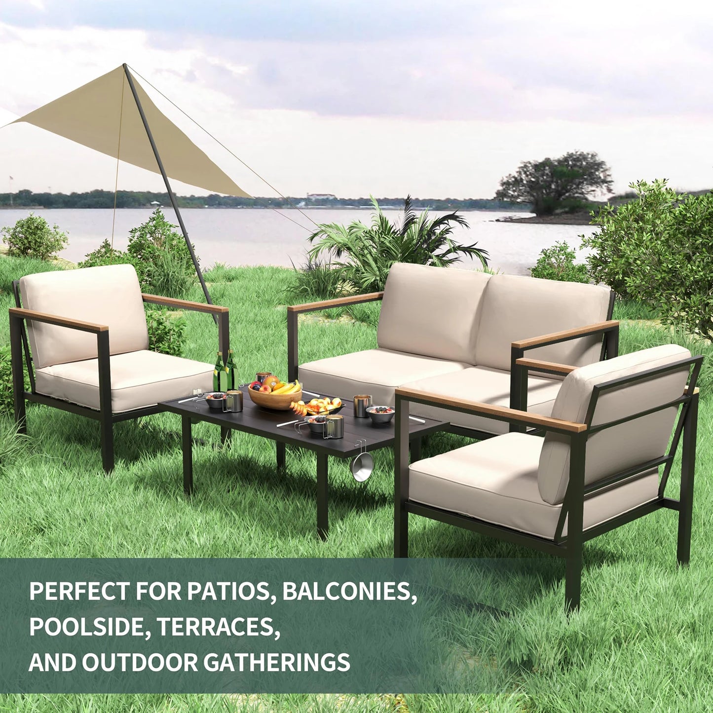 4-Piece Outdoor Patio Set, Metal Conversation Sofa with Washable Cushions, 2 Chairs & Coffee Table for Garden & Balcony