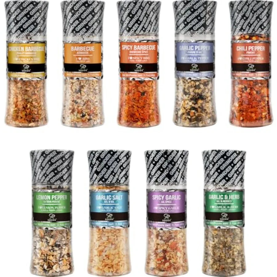 Spice Seasoning Set of 9 with Integrated Grinders- Individual Spice Grinder Pure and Fresh Perfect for BBQ Seasoning Gift Set