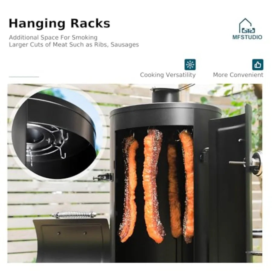 Extra-Large Vertical Offset Charcoal Smoker Grill Combo with Hanging Racks & 5 Removable Grates