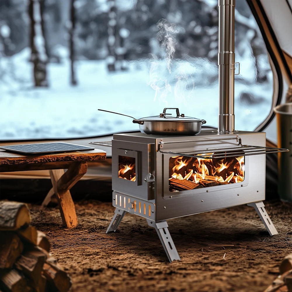 Portable Wood Burning Stove – Stainless Steel Outdoor Cooking Heater with 7 Chimney Pipes
