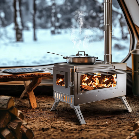 Portable Wood Burning Stove – Stainless Steel Outdoor Cooking Heater with 7 Chimney Pipes