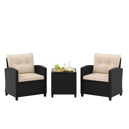 3-Piece Patio Furniture Set – PE Rattan Wicker Sofa Set with Washable Cushions & Tempered Glass Table