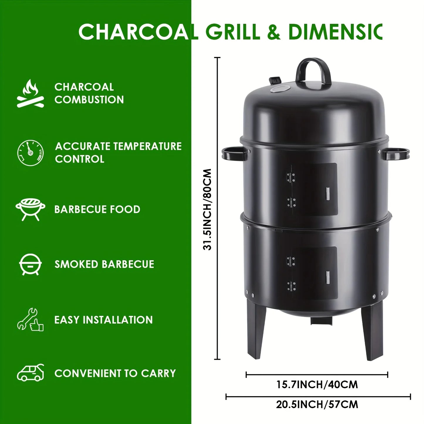 16" Portable Vertical Charcoal Smoker Grill with 3 Cooking Levels & Temperature Control