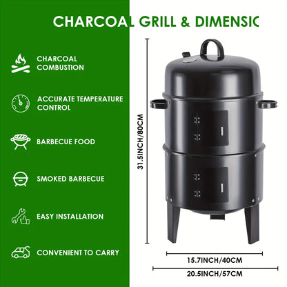 16" Portable Vertical Charcoal Smoker Grill with 3 Cooking Levels & Temperature Control