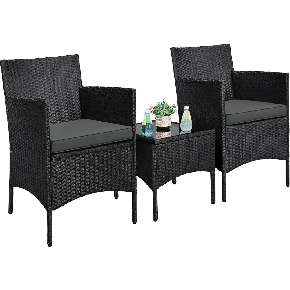 3-Piece Outdoor Patio Furniture Set, PE Rattan Wicker Conversation Set with Soft Cushions & Glass Coffee Table