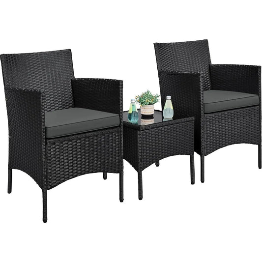 3-Piece Outdoor Patio Furniture Set, PE Rattan Wicker Conversation Set with Soft Cushions & Glass Coffee Table