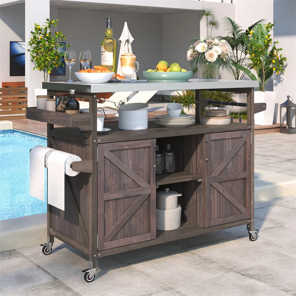 Portable Bar Tables- Outdoor Grill Prep Table with Storage- Tabletop Spice Rack- Internal Storage Racks- 4 Locking Mobile Wheels