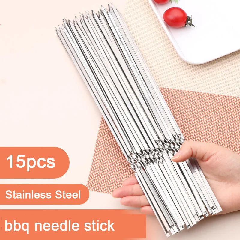 10/15-Piece Stainless Steel BBQ Skewers – Reusable Barbecue Kebab Skewers for Outdoor Camping & Picnics