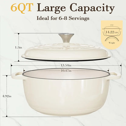 6QT Enameled Cast Iron Dutch Oven, Heavy-Duty Pot for Bread, Braising & Soups, Oven Safe, Includes Gloves