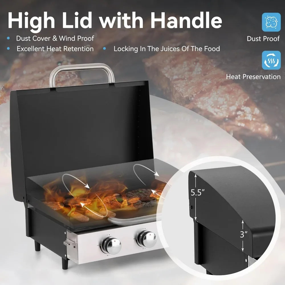 22-Inch Portable Tabletop Griddle with Hood and Ceramic Coated Cast Iron Plate, 3 Burner Flat Top Griddle, Propane Gas, BBQ Griddle.