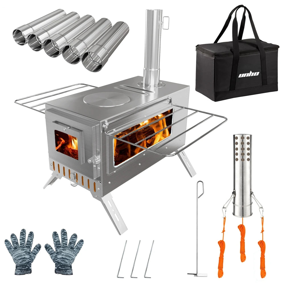 Heavy-Duty Portable Stainless Steel Wood Burning Tent Stove with 7 Chimney Pipes for Outdoor Camping & Heating