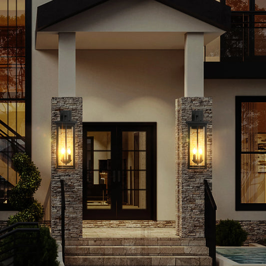22" Outdoor Wall Lantern – Dusk-to-Dawn Sensor, Matte Black with Clear Glass Panels