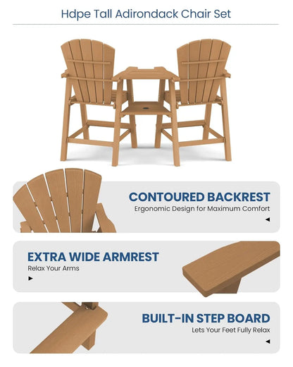 Set of 2 HDPE Tall Adirondack Chairs with Connecting Tray, All-Weather Design