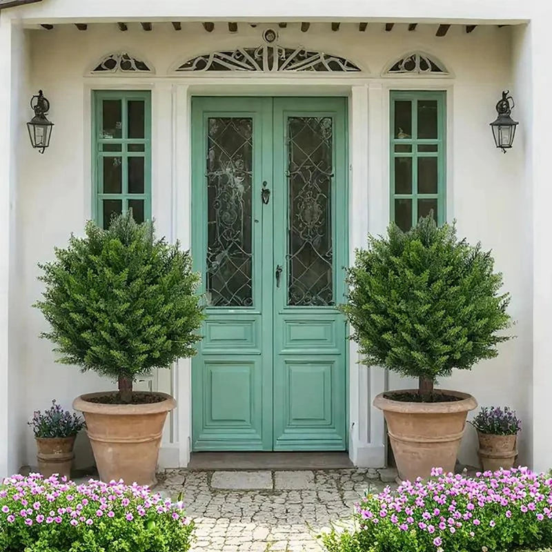 2PCS Outdoor Artificial Topiary Ball Trees UV Resistant Faux Bushes Potted Plants Door Porch Decoration Artificial Ball Trees