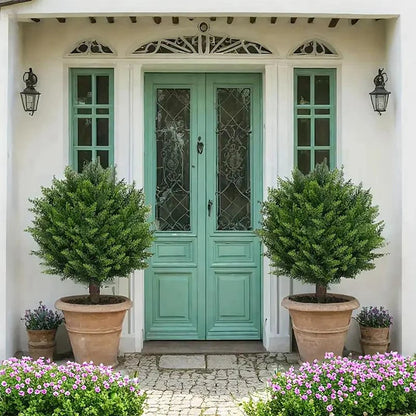 2PCS Outdoor Artificial Topiary Ball Trees UV Resistant Faux Bushes Potted Plants Door Porch Decoration Artificial Ball Trees