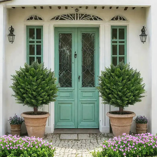 2PCS Outdoor Artificial Topiary Ball Trees UV Resistant Faux Bushes Potted Plants Door Porch Decoration Artificial Ball Trees
