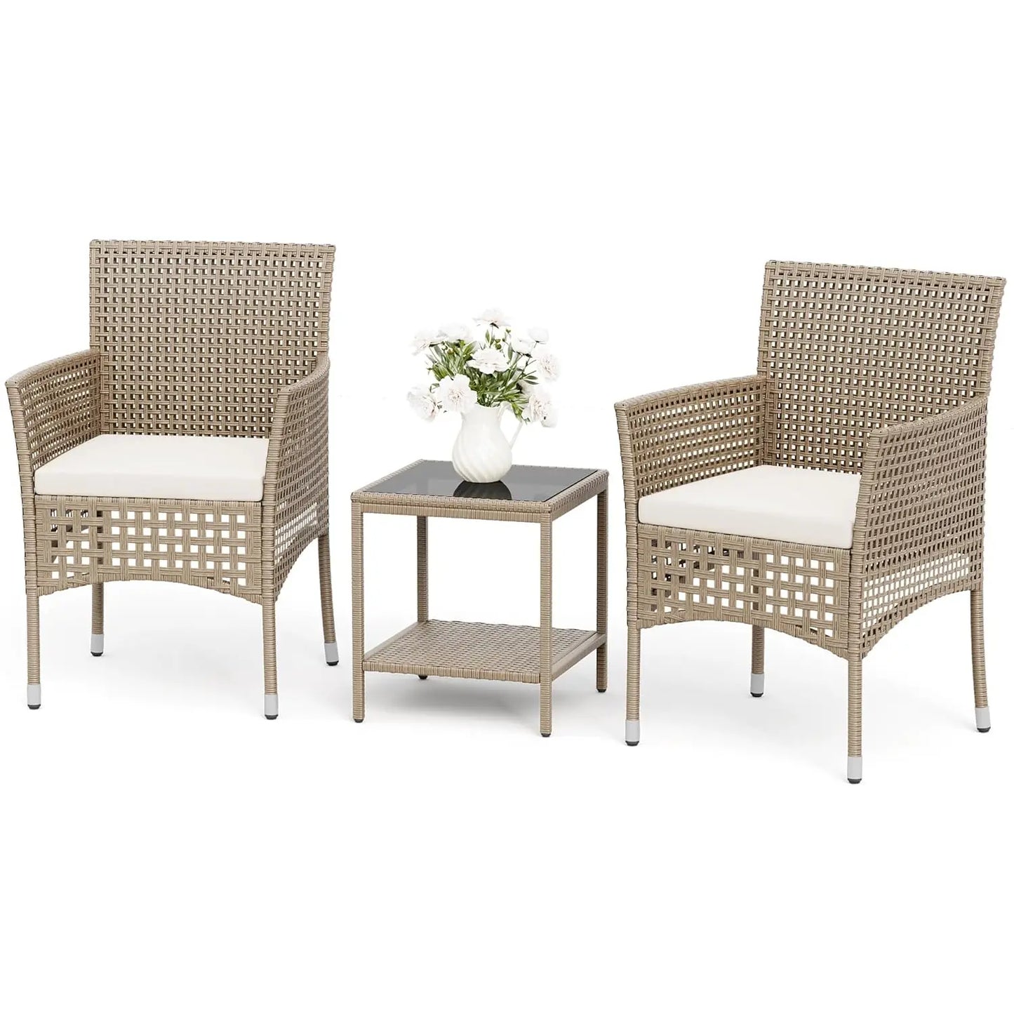 3-Piece Outdoor Patio Furniture Set, Brown/Grey, Wicker Chairs with Glass-Top Coffee Table, for Garden, Balcony & Porch