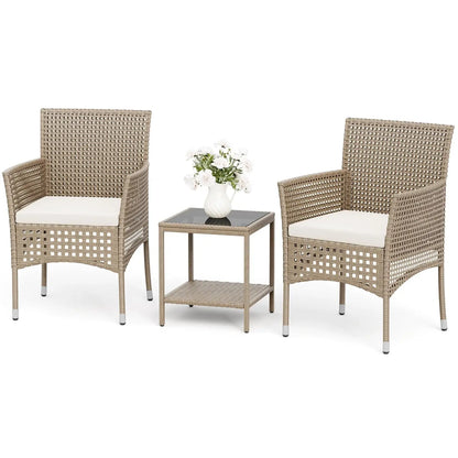 3-Piece Outdoor Patio Furniture Set, Brown/Grey, Wicker Chairs with Glass-Top Coffee Table, for Garden, Balcony & Porch