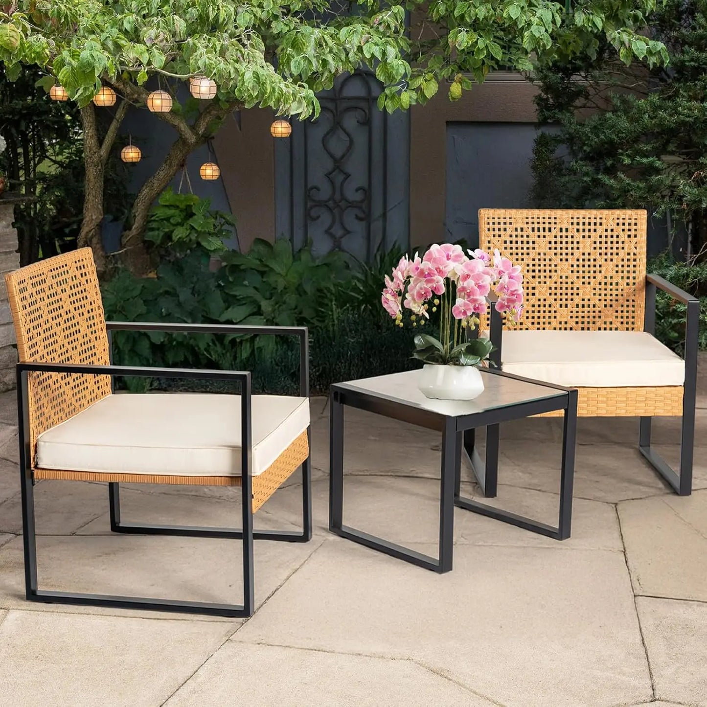 3-Piece Outdoor Wicker Bistro Set, 2 Rattan Chairs with Tempered Glass Table