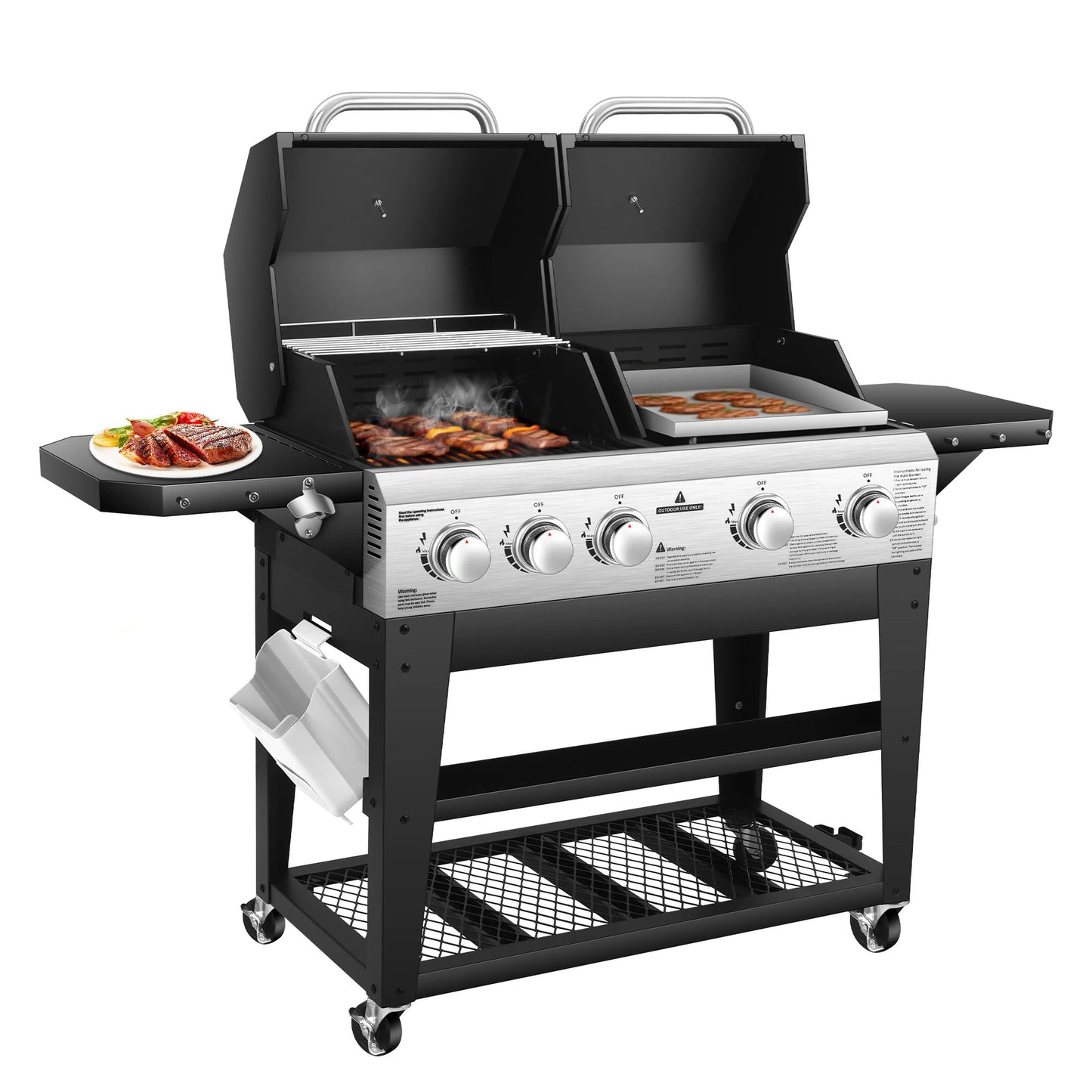 Gas Grill & Flat-Top Griddle Combo, 54,000 BTU Dual Cooking System, 5-Burner Grill Stove, Stainless Steel Panel for Outdoor Cooking.