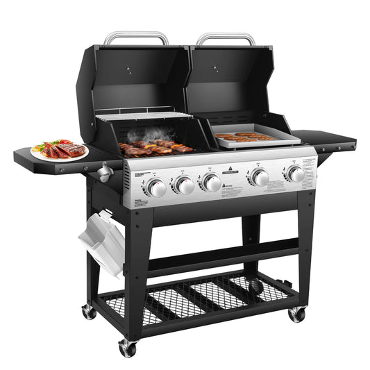 Gas Grill & Flat-Top Griddle Combo, 54,000 BTU Dual Cooking System, 5-Burner Grill Stove, Stainless Steel Panel for Outdoor Cooking.