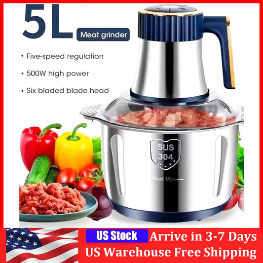 5L Electric Meat Grinder & Food Processor – 304 Stainless Steel Chopper, Vegetable Slicer & Mixer