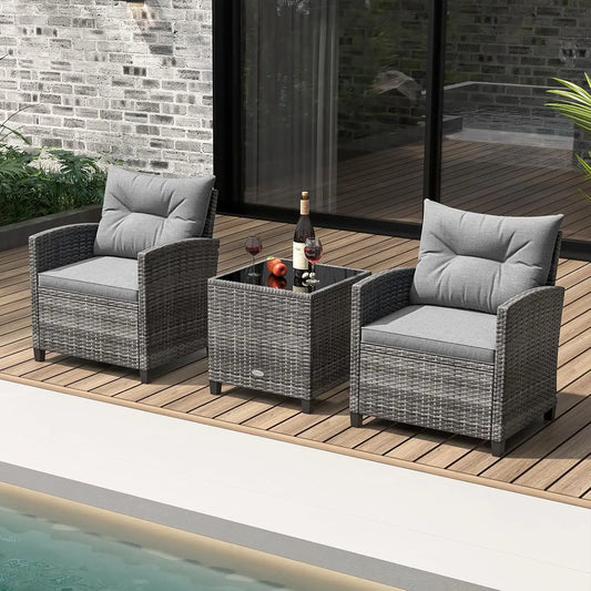 3-Piece Patio Rattan Conversation Set with Washable Cushions & Glass Table