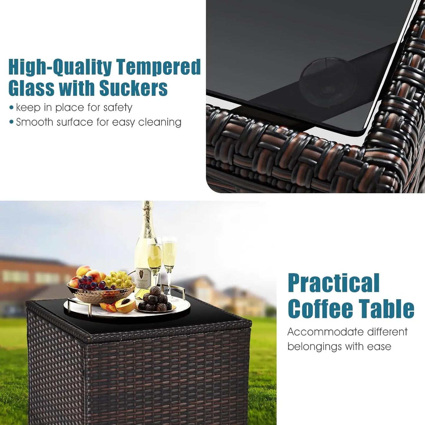 3-Piece Patio Furniture Set – PE Rattan Wicker Sofa Set with Washable Cushions & Tempered Glass Table