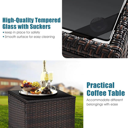3-Piece Patio Furniture Set – PE Rattan Wicker Sofa Set with Washable Cushions & Tempered Glass Table