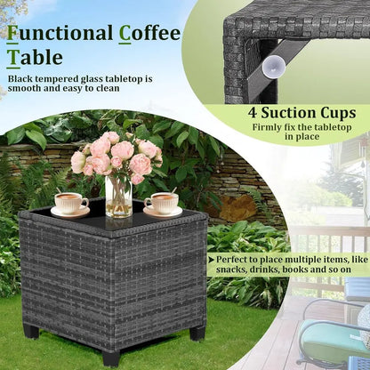 Outdoor Wicker Bistro Set – 2 Cushioned Chairs & Glass Table in Gray & Turquoise for Patio, Balcony & Poolside