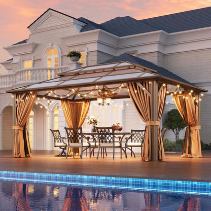 12'x16' Hardtop Gazebo, Outdoor Metal Gazebo with Double Polycarbonate Roof Canopy, Permanent Pavilion with Netting, Customized to Your Liking