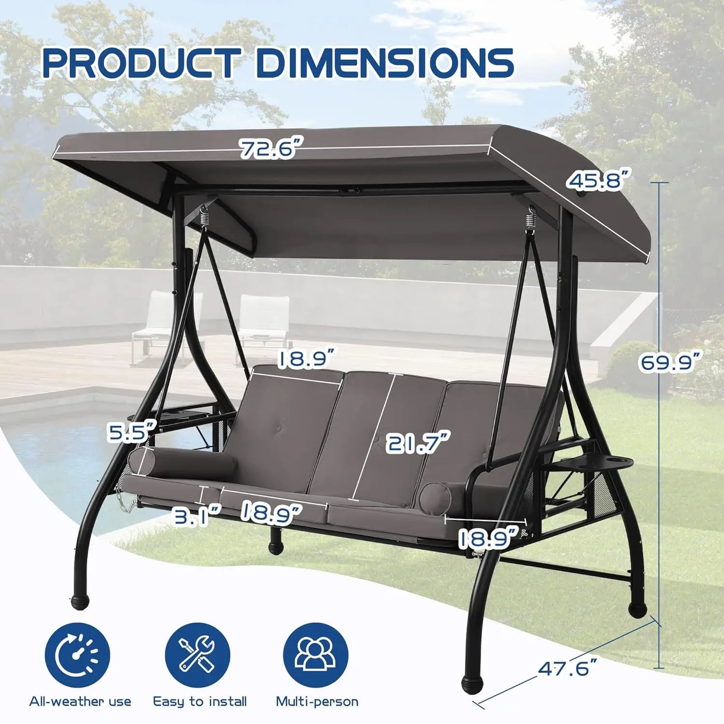 3-Seat Outdoor Patio Porch Swing Glider Bench, Adjustable Canopy, Heavy-Duty Frame with Stand, Customizable Design