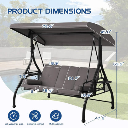 3-Seat Outdoor Patio Porch Swing Glider Bench, Adjustable Canopy, Heavy-Duty Frame with Stand, Customizable Design