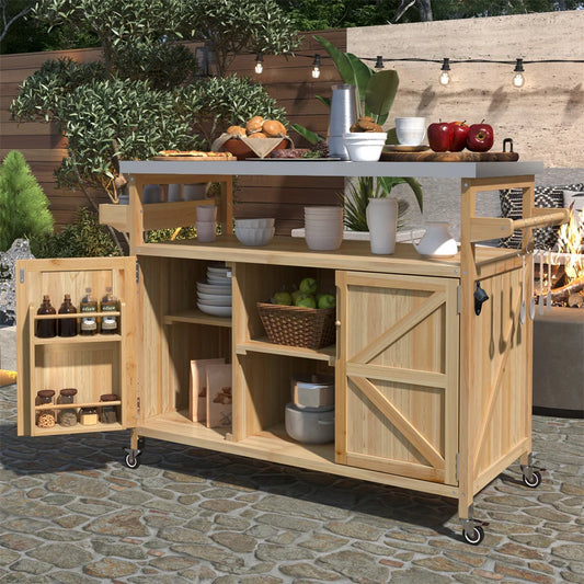 Portable Bar Tables- Outdoor Grill Prep Table with Storage- Tabletop Spice Rack- Internal Storage Racks- 4 Locking Mobile Wheels