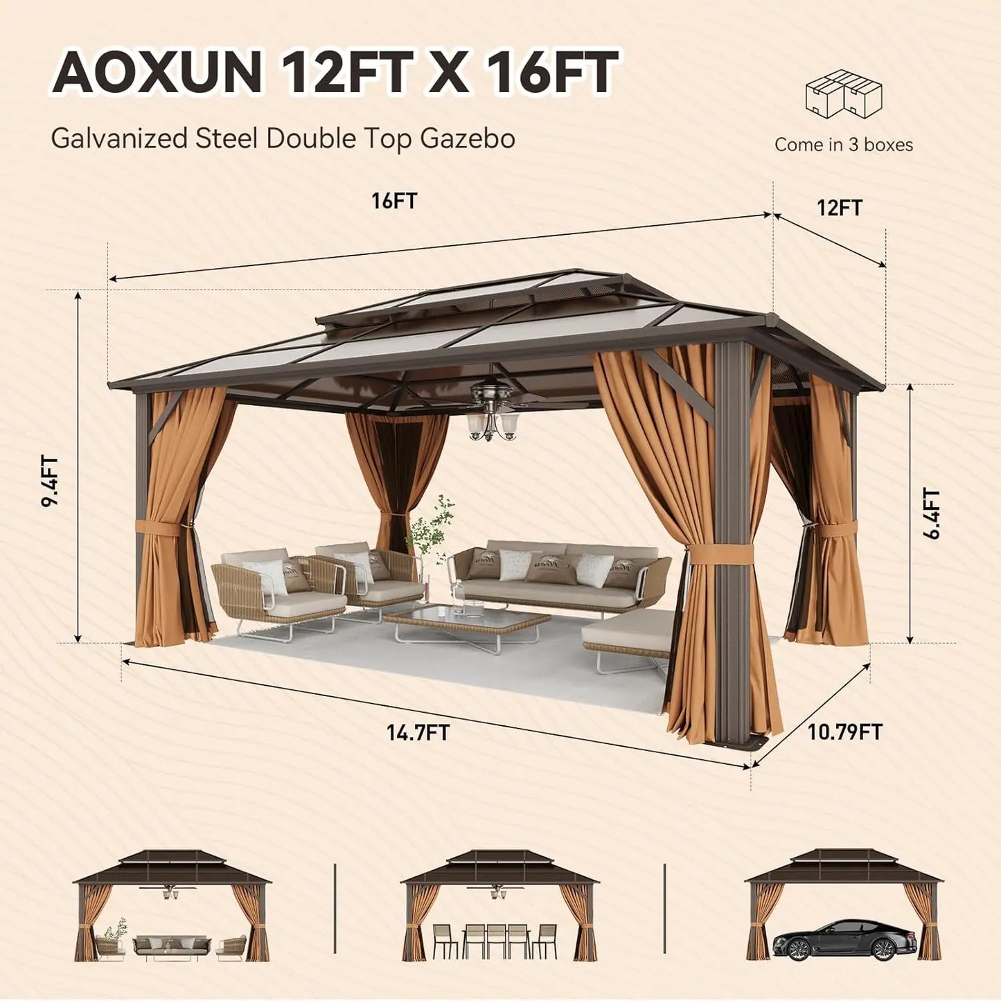 12'x16' Hardtop Gazebo, Outdoor Metal Gazebo with Double Polycarbonate Roof Canopy, Permanent Pavilion with Netting, Customized to Your Liking