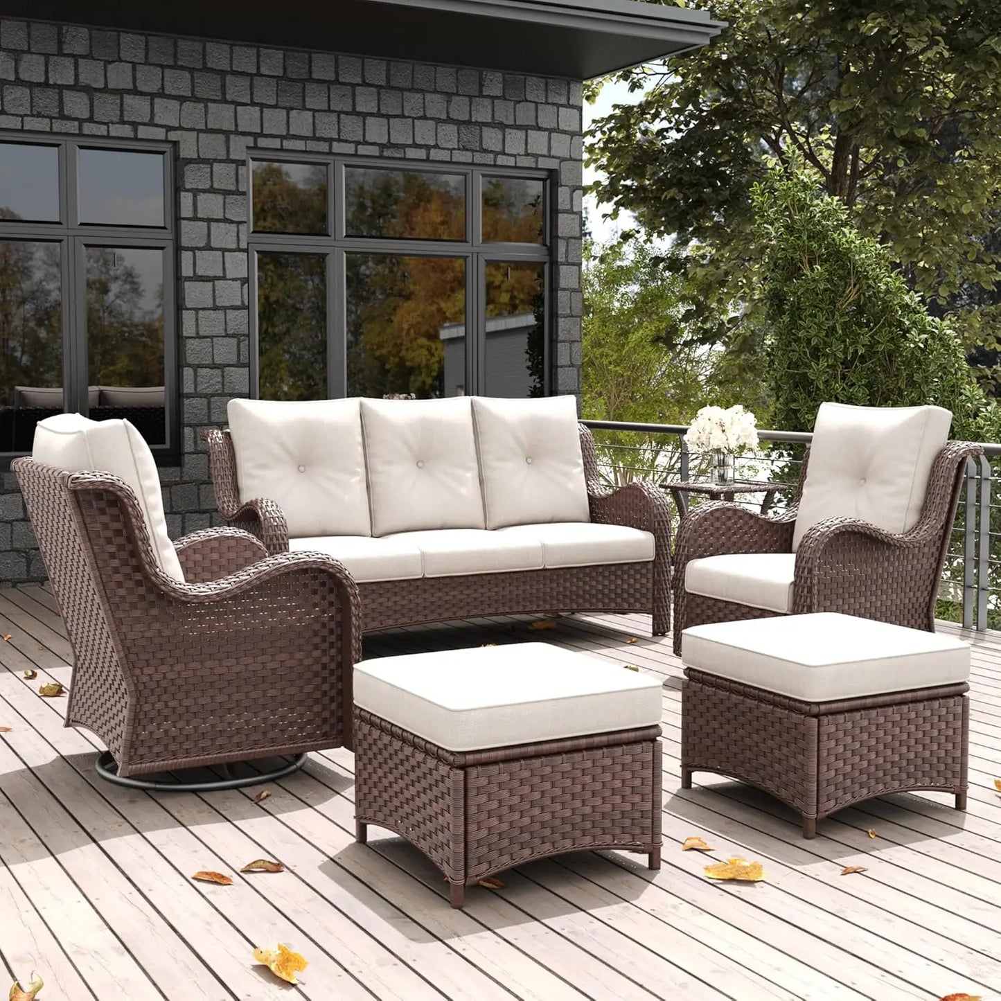 6-Piece Outdoor Patio Furniture Set – Rattan Wicker Sectional with Swivel Rocker Chairs & Ottomans
