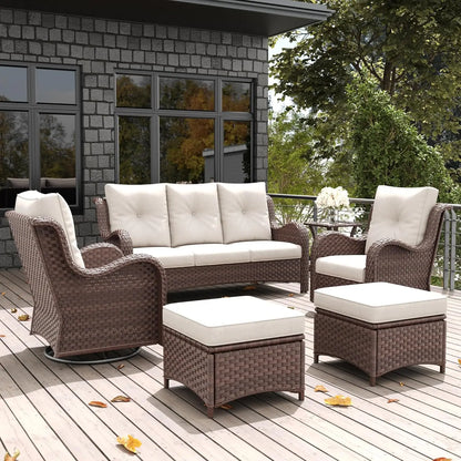 6-Piece Outdoor Patio Furniture Set – Rattan Wicker Sectional with Swivel Rocker Chairs & Ottomans