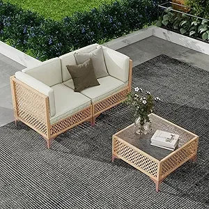 Outdoor Wicker Patio Furniture Set, Boho Sectional Conversation Sofa with Large Tempered Glass Coffee Table