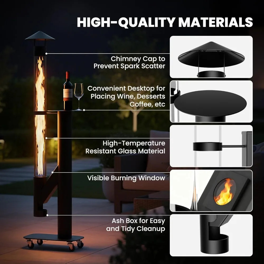 71" Outdoor Smokeless Pellet Heater with Wheels, Glass Fire Tube for Patio, Backyard & Camping