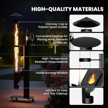 71" Outdoor Smokeless Pellet Heater with Wheels, Glass Fire Tube for Patio, Backyard & Camping